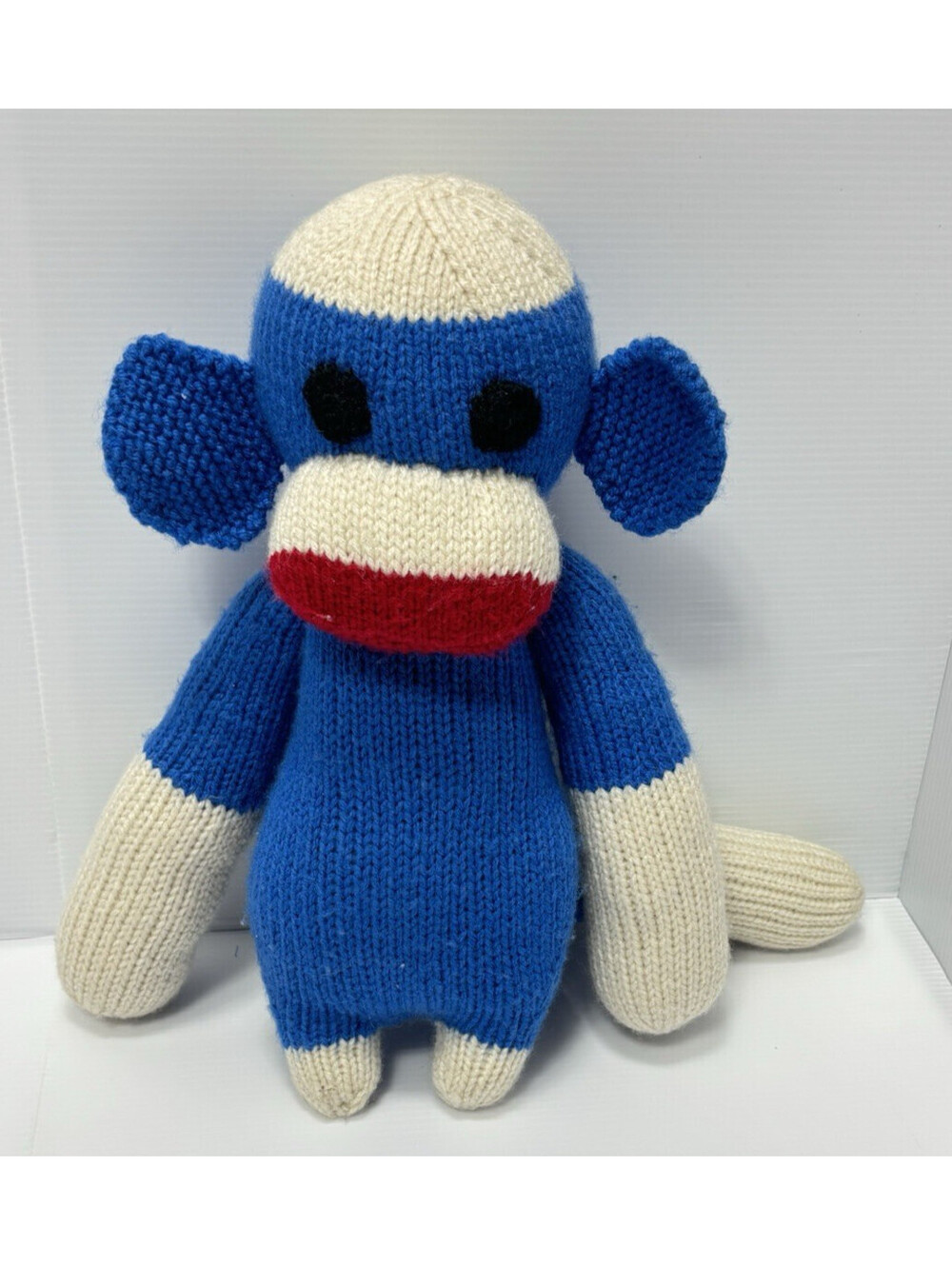 Handmade Knit Sock Monkey Plush Stuffed Animal Toy Blue White Red Retro Monkey